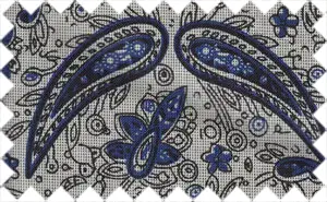 Dark blue/black printed pattern over gray, Cotton/Polyester Blends. The fabric is sturdy and heavy