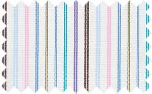 Multi colored stripes, 65% Polyester/35% cottonrnColors in stripes are dark brown, light purple, viking blue, light blue, olive, danube blue, light pink and sky blue. Fabric is not breathable and best for fall/winter season.