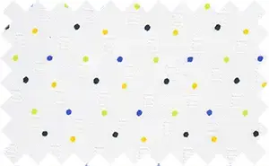 Yellow/Blue/Black/Light Green Printed Dots over Textured White, 100% polyester  - soft feel